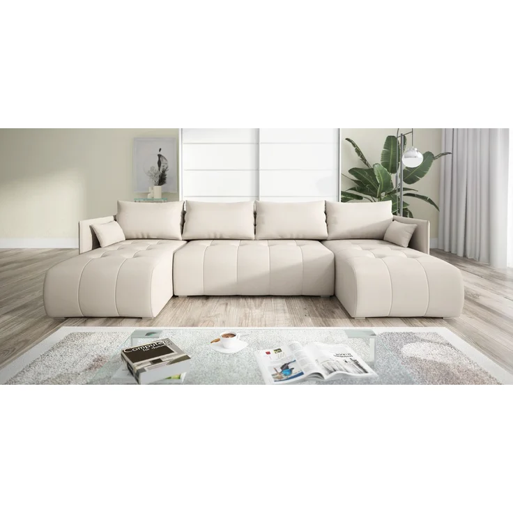 Wohnero24 NESSA U Ecksofa 292x152 cm mit Schlaffunktion 280x140 & Bettkasten – XXL Wohnlandschaft Creme – Bild 1