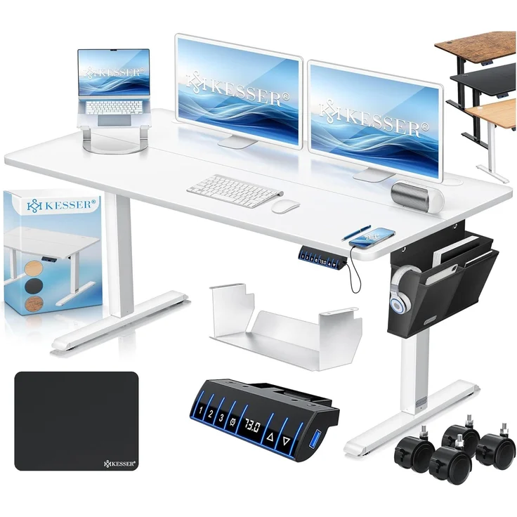 KESSER® Höhenverstellbarer Schreibtisch elektrisch | Ergonomisch Steh-Sitz Schreibtisch | 3-Funktions-Memory Steuerung | Inkl. 360° Rollen & USB-Ladeanschluss | Computertisch für Homeoffice Weiß, 140 x 70 cm – Bild 1