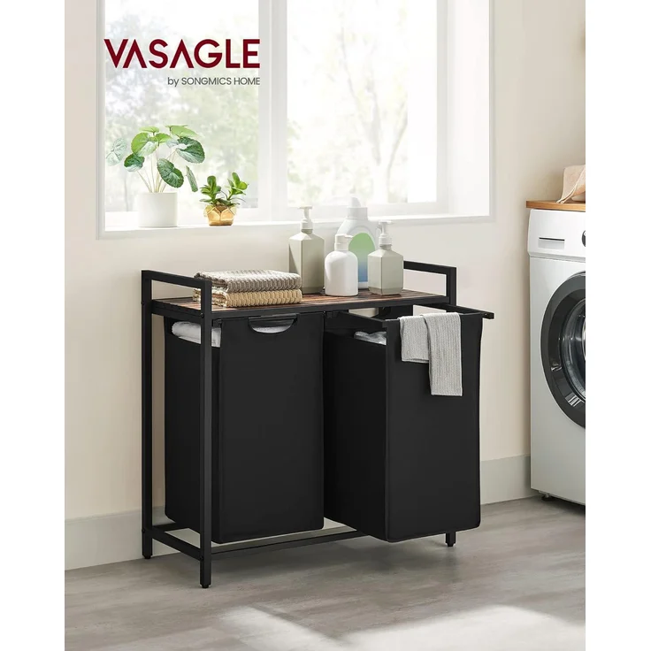 VASAGLE Wäschekorb 2 Fächer, Wäschesammler mit Ablage, Wäschebox, Wäschesack aus Oxford-Gewebe ausziehbar abnehmbar, Metallrahmen, 2 x 46 L, 73 x 33 x 72 cm, vintagebraun-schwarz BLH201B01 – Bild 2