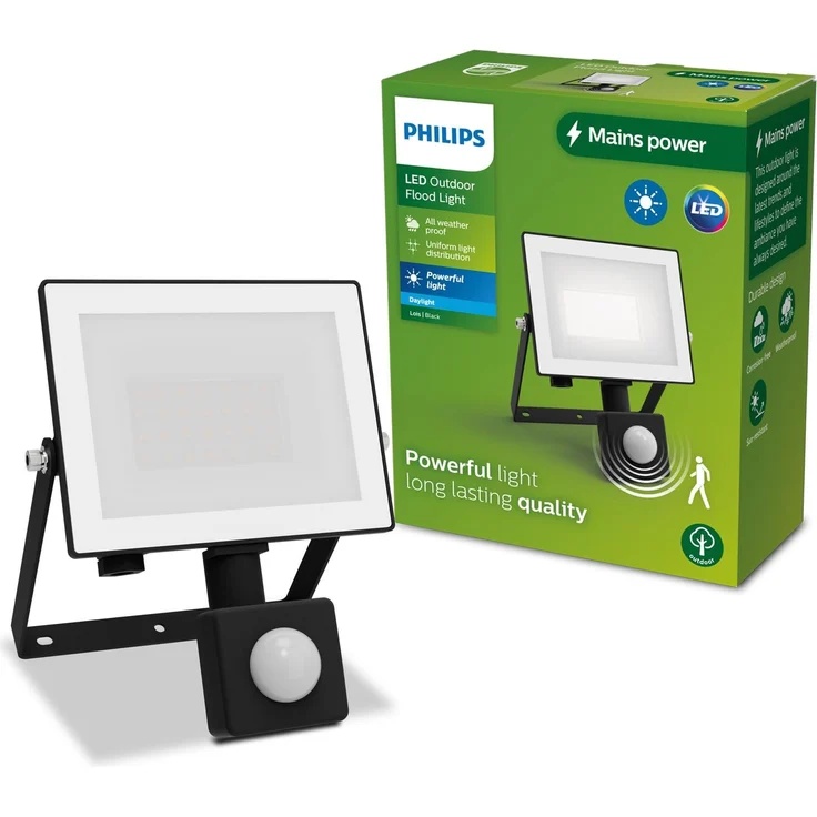 Philips Lois Flutlichtstrahler für den Außenbereich, inkl. Bewegungssensor, 20 Watt, 5000K Tageslicht, Schwarz