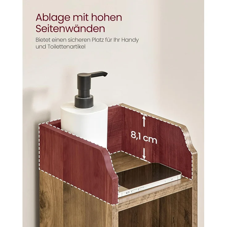 VASAGLE Badezimmerschrank klein, Badschrank schmal, stehend, mit Tür und Regal, kleiner Schrank für Toilettenpapier, Toilettenschrank, verstellbare Ablagen, 20 x 18 x 80 cm, honigbraun, BBK310K01 – Bild 6