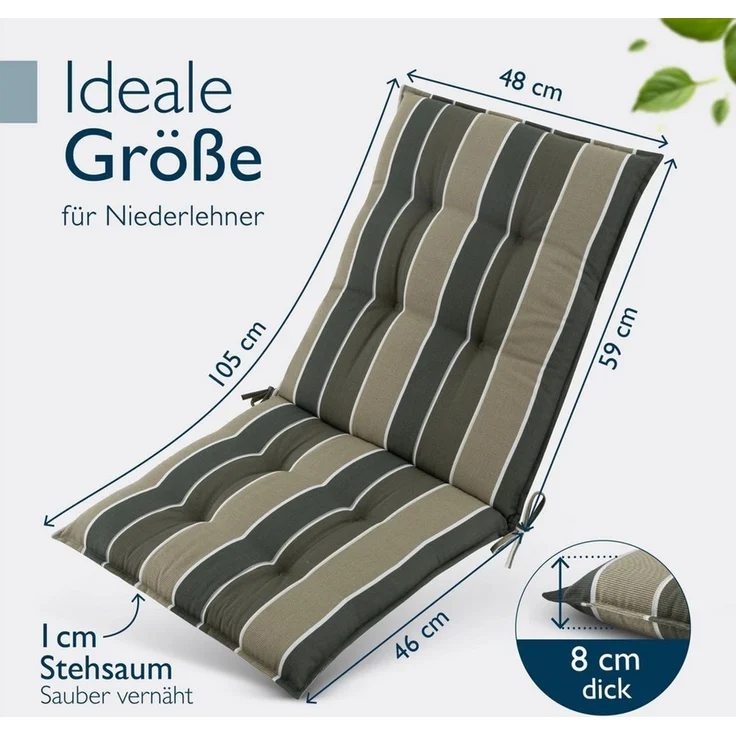 Beautissu Sitzauflage Premium Niedriglehner AuflageSun-NL, 100x50cm, Grün Gestreift, 8cm Dicke Gartenstuhlauflage mit Befestigung UV-Lichtechtheit 5 – Bild 2