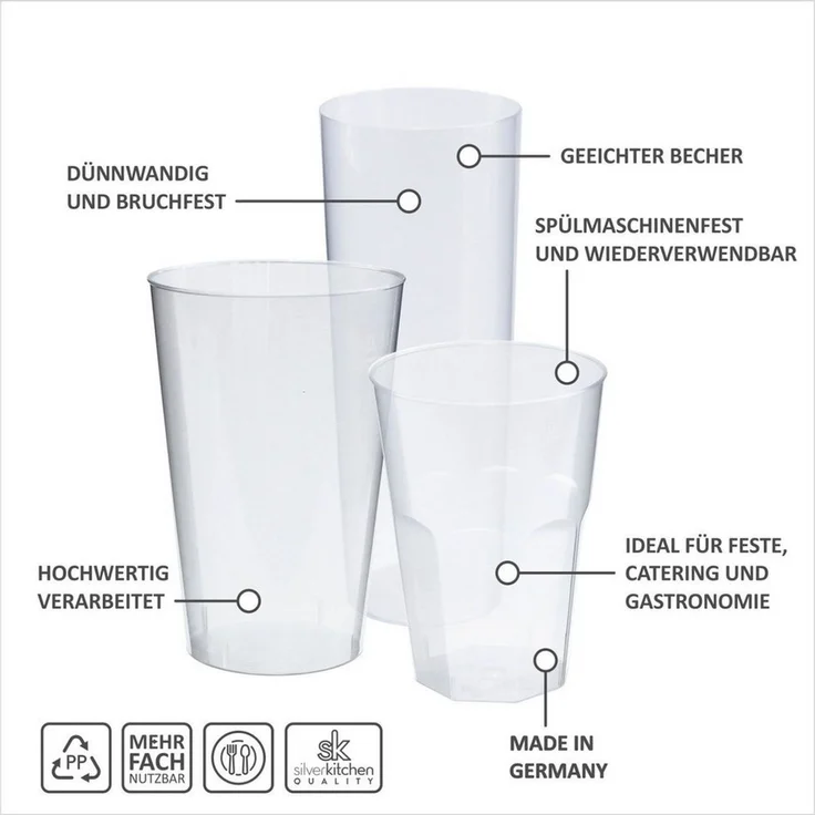 silverkitchen Mehrwegbecher Mehrwegbecher Plastik 0,3L Cocktail, Kunstststoff Polypropylen, (200-tlg), bruchsichere Cocktail Becher, Made in Germany – Bild 3