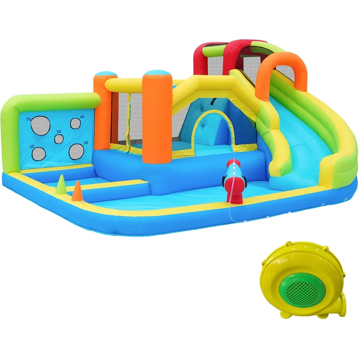 LVHOM Aufblasbare Hüpfburg mit Gebläse, Spielpool, Trocken-/Wasserrutsche, Springburg Outdoor, Wasserpark mit Trampolin, Planschbecken, 410 x 315 x 203cm – Bild 3