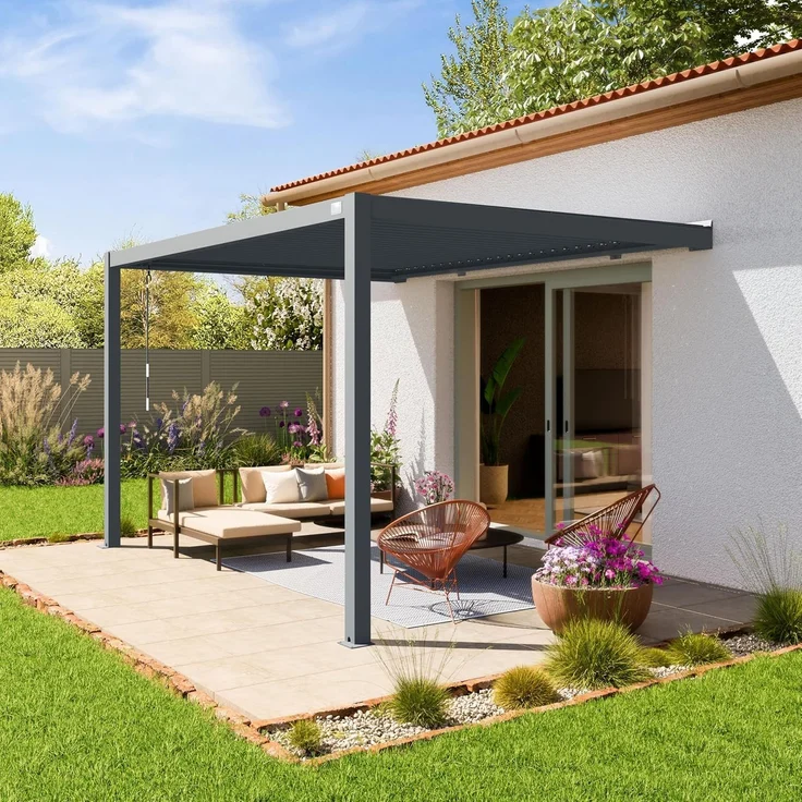 PRIMEYARD Terrassenüberdachung 3x4 m Aluminium-Pfosten mit Lamellendach aus Stahl anthrazitfarbene Anbau-Pergola – Bild 8