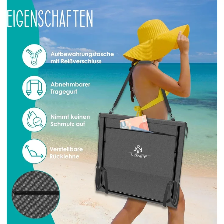 KESSER® Strandmatte klappbar mit verstellbarer Rückenlehne, Strandliege faltbar mit Tragegurt, wasserdichter Handyhülle & Aufbewahrungstasche, Sonnenliege für Strand Garten Terrasse, Liegematte 130Kg Anthrazit, 2er Set / 50W – Bild 4