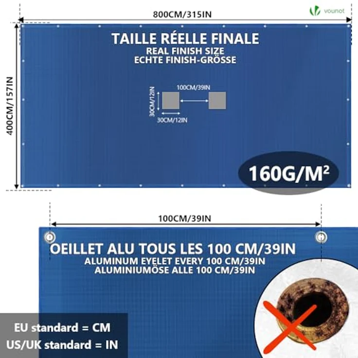 VOUNOT Poolabdeckung rechteckig, Pool Abdeckplane aus Polyethylen 160 g/m² mit Abflussnetz, Doppelte Poolplane Wasserdicht Schimmelresistent Reißfest mit Aluminiumösen 4X8m – Bild 7