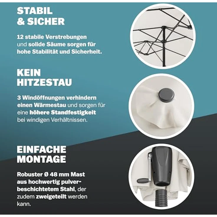 Kingsleeve Sonnenschirm, UV Schutz 80+ Schutzhülle XXL Aluminium Kurbel Wasserabweisend, beige, 460 x 270 x 240 cm – Bild 6