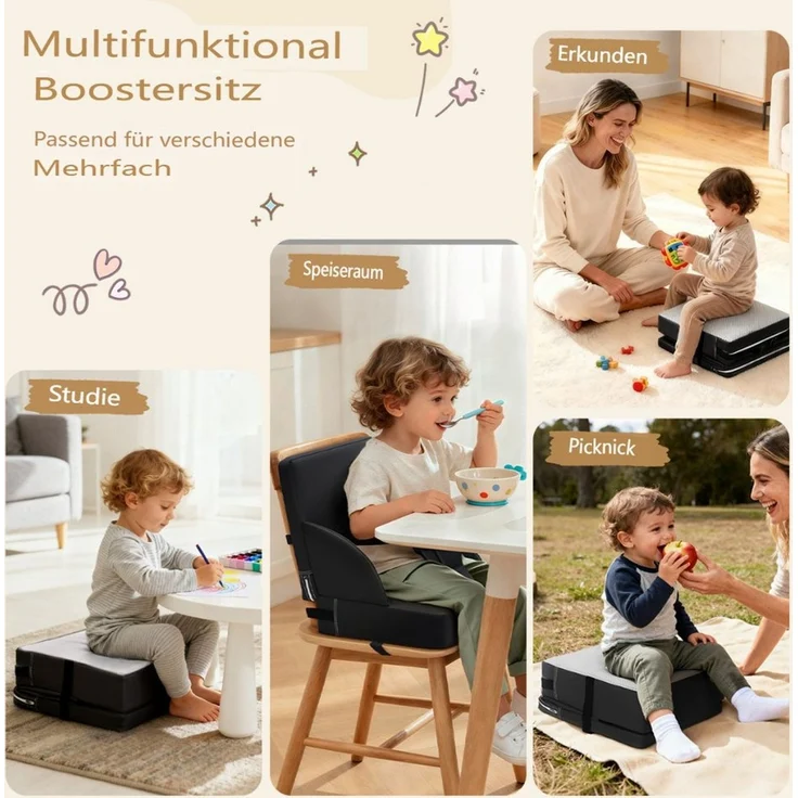 Insma Sitzkissen Kindersitzerhöhung Stuhlkissen Kunstleder 3-Punkt verstellbaren Gurten, wasserdicht, rutschfest, 34,5 × 34,5 × 9cm – Bild 4