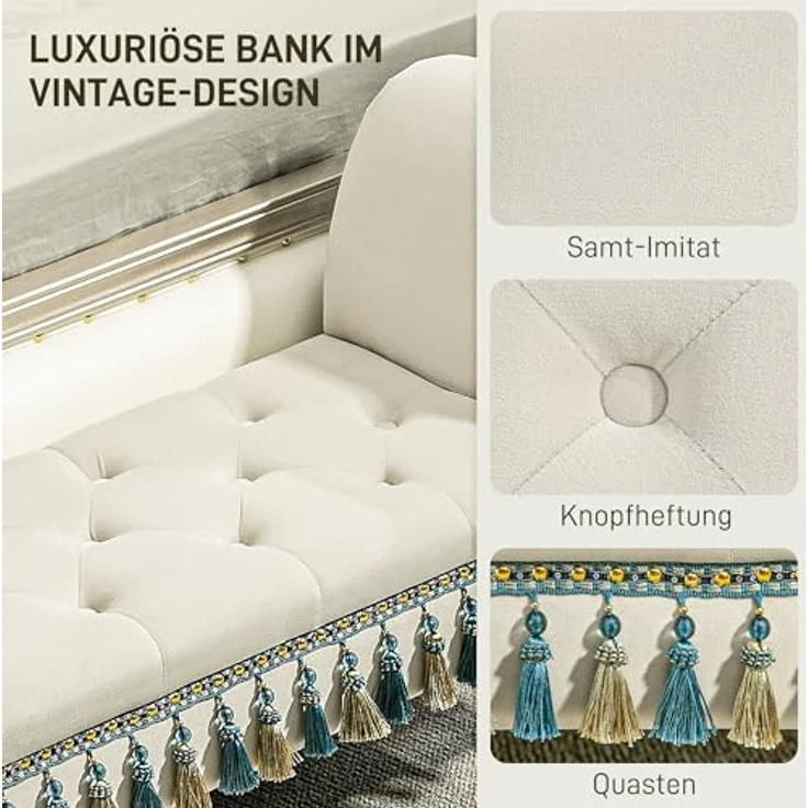 HOMCOM Polsterbank Hockerbank, Luxus Bettbank mit Holzbeine (Sitzbank, 1-St, Flurbank), für Schlafzimmer, Beige – Bild 6