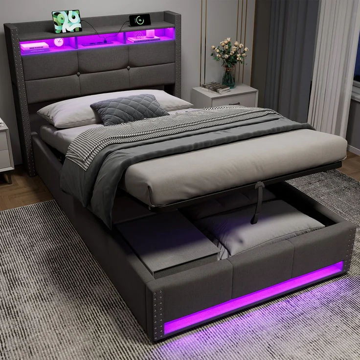Einzelbett 90x200 cm mit LED-Beleuchtung, Ladefunktion und hydraulischem Stauraum – ohne Matratze – Bild 5