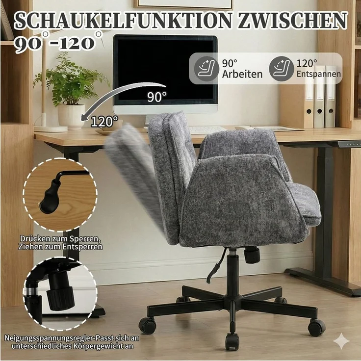 Leawin Drehstuhl Bürostuhl ergonomisch mit breitem Sitz & 5-fach Armlehnen, Schreibtischstuhl mit Chenille-Bezug, Rollen & 150 kg – Bild 3