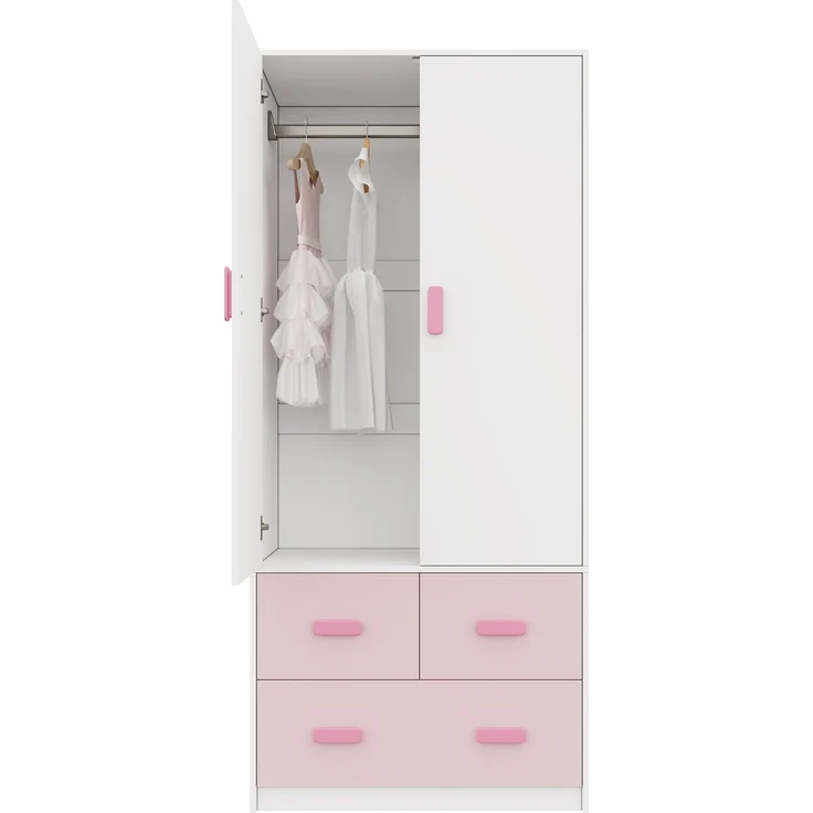 MODFU Kleiderschrank Rosafarbener Kinderschrank 80x48x180 cm mit weißen Akzenten (Packung, 1-St, Inkl. Kleiderstange & 3 Schubladen, pflegeleicht) Ideal als Schlafzimmerschrank für Mädchen & Jugendliche – Bild 7