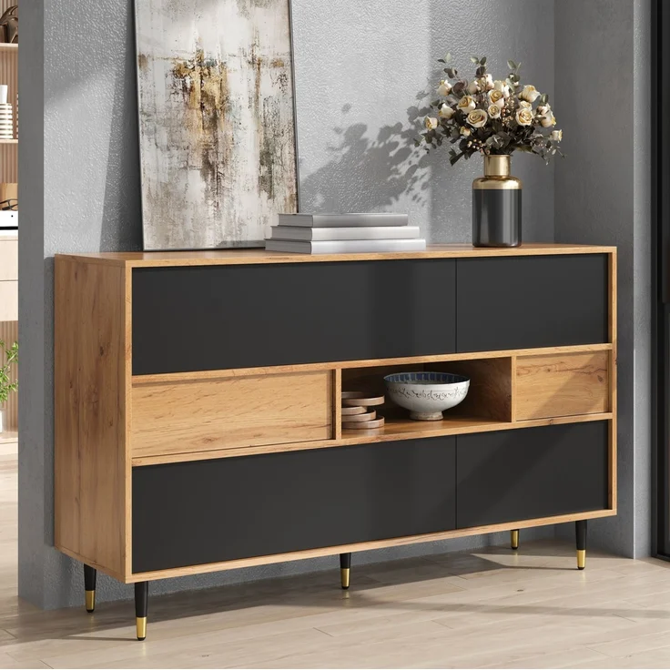 Sideboard aus MDF und PB mit 2 Schubladen, Klapptüren & offenem Fach, 140 x 40 x 84,5 cm, Natur/Schwarz – Bild 2
