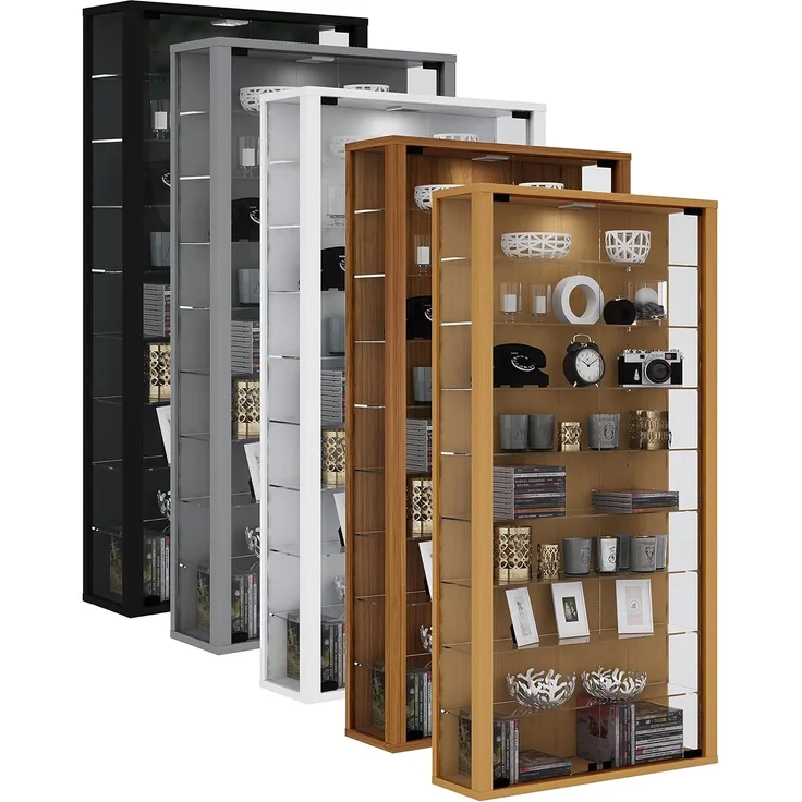 VCM Wandvitrine Sammelvitrine Glasvitrine Wand Vitrine Regal Schrank Glas mit LED-Beleuchtung Buche "Vitrosa Maxi"