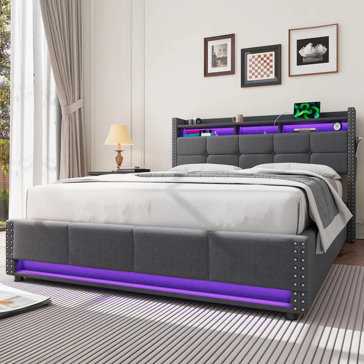 Polsterbett 140x200 cm mit LED-Beleuchtung, USB-Anschlüssen und hydraulischem Stauraum – ohne Matratze – Bild 6