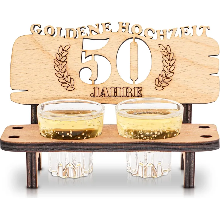 DARO Design - Schnapsbank 50. Hochzeitstag Goldene Hochzeit Geschenk Deko für Paare Männer Frauen aus Holz mit Gläsern