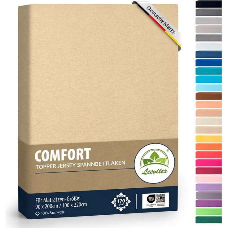 leevitex® Spannbettlaken, Premium 170g/m², Gummizug: rundum, schwer und dick, 100% Jersey-Baumwolle, Düne / Sand, Topper | 90x200 - 100x220 cm