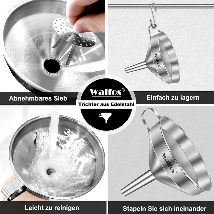 Walfos Edelstahl Trichter Set 3er Pack mit 2 Siebfiler & Reinigungsbürste – Bild 4