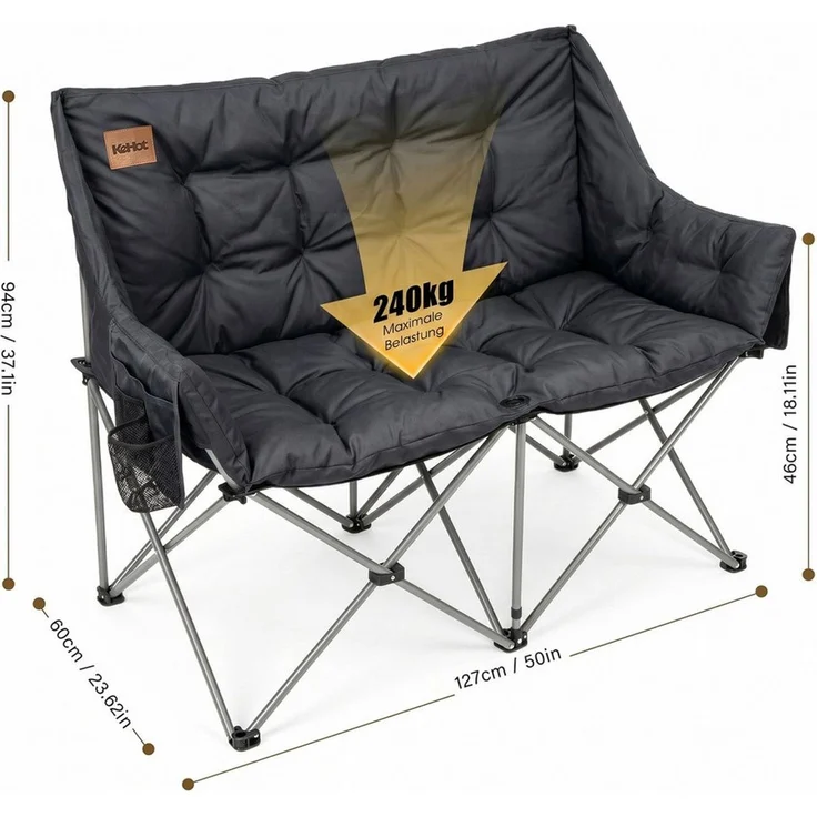 kehot Campingstuhl Faltbarer 2-Sitzer Campingstuhl mit 6 cm Polsterung, 127×94×60 cm (Doppelsitz Outdoor Sofa bis 240kg belastbar, Campingklappstuhl), Klappstuhl mit Oxford-Gewebe,Tragetasche, für Camping Garten Balkon – Bild 1
