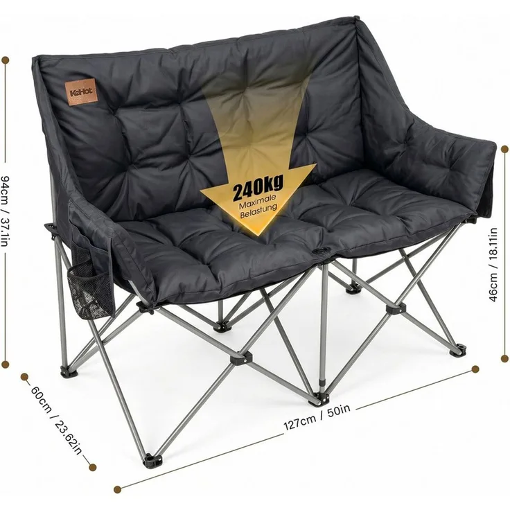 kehot Campingstuhl Faltbarer 2-Sitzer Campingstuhl mit 6 cm Polsterung, 127×94×60 cm (Doppelsitz Outdoor Sofa bis 240kg belastbar, Campingklappstuhl), Klappstuhl mit Oxford-Gewebe,Tragetasche, für Camping Garten Balkon