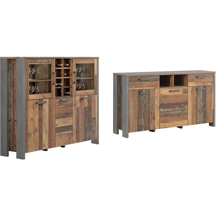 Forte Clif Highboardvitrine mit 3 Türen unf 2 Glastüren, Old – Wood Vintage/Betonoptik Dunkelgrau, 151,4 x 127,9 x 41,6 cm & Clif Kommode mit 3 Türen und 2 Schubkästen, 156,4 x 86,3 x 41,6 cm