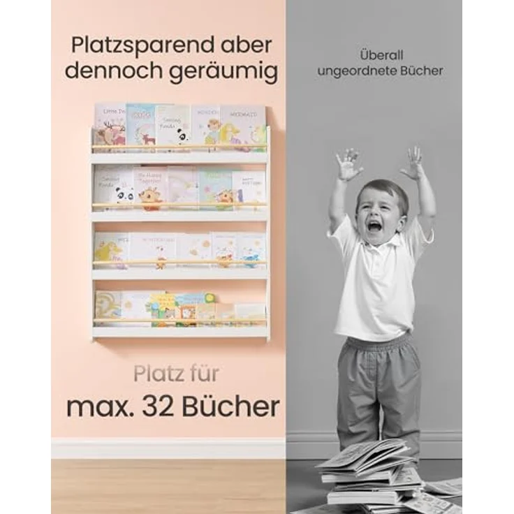 SONGMICS Bücherregal Kinder, Kinderregal mit 4 Ebenen, Spielzeugregal, Wandregal, für Kinderzimmer, Spielzimmer, weiß-naturfarben GKR014W01 – Bild 7