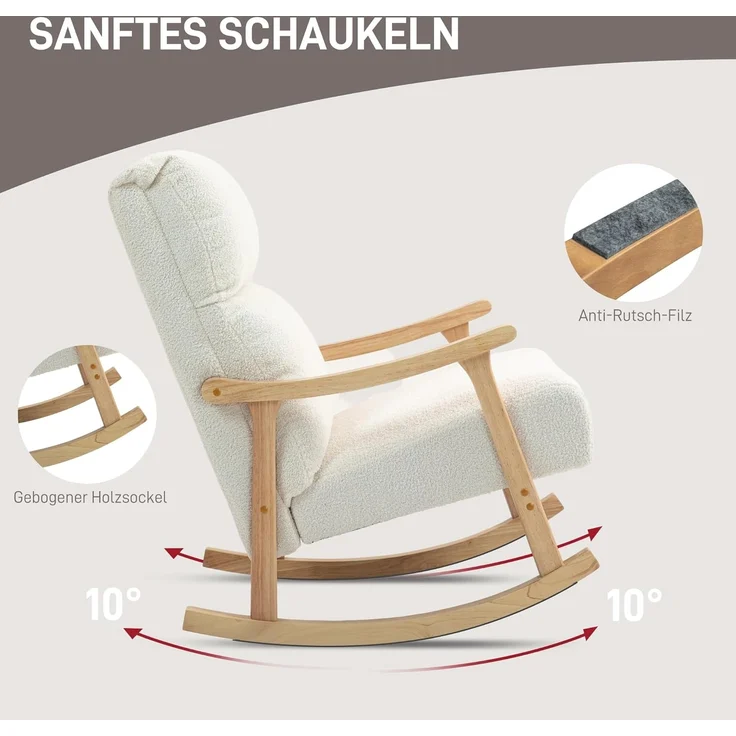 HOMCOM Schaukelstuhl ergonomisch, mit Samtoptik (Schwingsessel, 1 St), bis 120 kg belastbar, für Schlafzimmer, Wohnzimmer, Cremeweiß – Bild 4