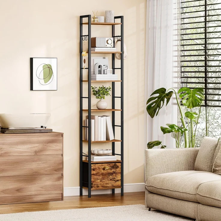 Bücherregal, 7 vertikale Regale mit 1 Zusammenklappbare Stoffschubladenund 4 Haken, offene Regale, Metallrahmen, geeignet für Arbeitszimmer, Wohnzimmer Vintagebraun-Schwarz – Bild 1