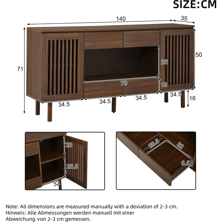 Sideboard 140 x 35 x 71 cm mit 4 Schubladen und 2 Lamellentüren – MDF in Walnussholzfarbe – Bild 5