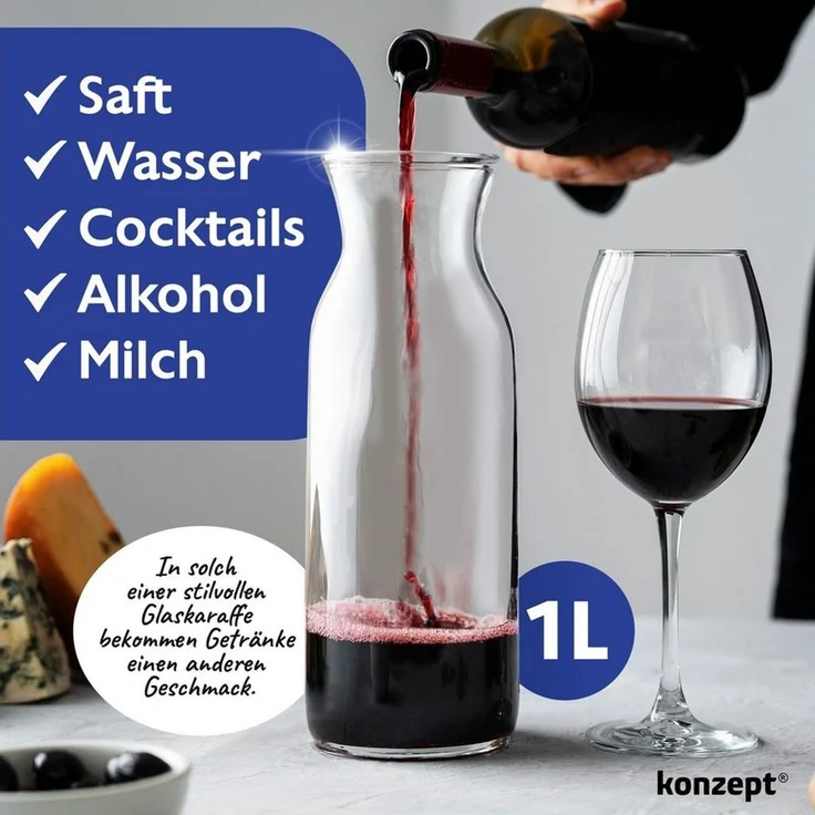 KONZEPT Wasserkaraffe Karaffe Glaskaraffe Transparente 1 Liter, (1-tlg), ideal für Wasser, Saft, Wein, Limonade, Coctails und Milch – Bild 2