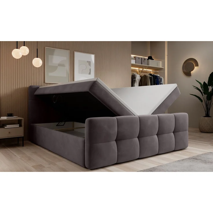 thematys Boxbett mit Bettkasten 140x200cm, mit Bonnellfederkernmatratze H3, Bouclé/Velours, mit Stauraum, mit 3 cm Topper, Grau (Velluto 16), Art.-Nr. S04GH0RGLUB – Bild 4