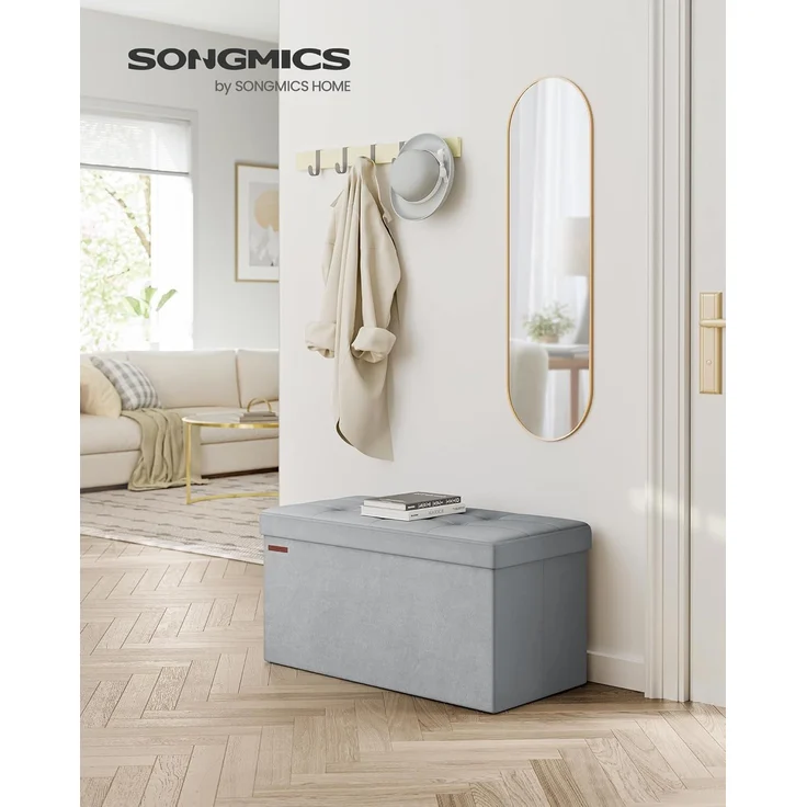 Songmics Sitztruhe mit Stauraum, Samt taubengrau, 38 x 38 x 76 cm – Bild 2