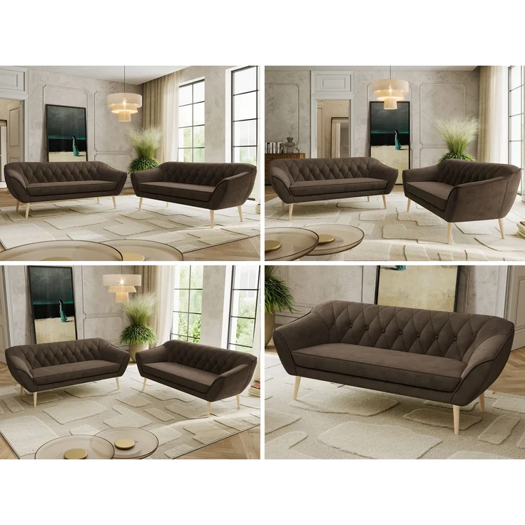 Wohnzimmerset Möbelset PIRS 3-3, Armlehnen, Wellenfederung, Buche Füße, Dreisitzer Sofa, Polstermöbel Set - Hellgrau Velvet – Bild 2