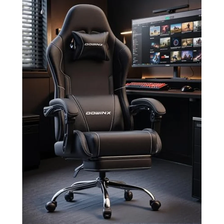 Dowinx Gaming Stuhl Bürostuhl Massage Gaming Sessel mit höhenverstellbaren Linkage-Armlehnen, ergonomischer Gamer Stuhl mit Fußstütze, gepolstert Gaming Chair 150° neigbar bis 180 kg, Schwarz – Bild 3