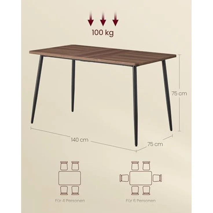 VASAGLE Esstisch für 4-6 Personen, Esszimmertisch, Küchentisch im Landhausstil, hitzebeständige Tischplatte, schneller Aufbau, 75 x 140 x 75 cm, naturwalnussfarben-tintenschwarz KDT100KE02 – Bild 2