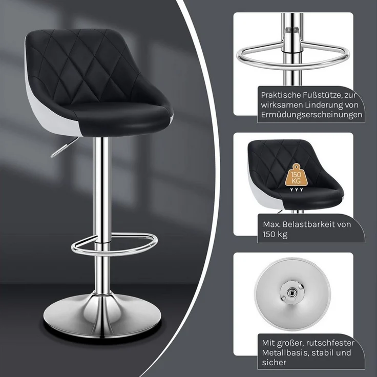 WOLTU BH30sz-2 Design 2 farbig Barhocker mit Griff , 2er Set , stufenlose Höhenverstellung , verchromter Stahl , Antirutschgummi , pflegeleichter Kunstleder , gut gepolsterte Sitzfläche , schwarz+weiss – Bild 2