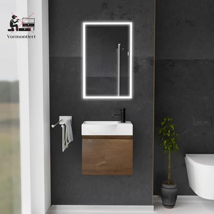 Alpenberger Badmöbel-Set - Gäste WC Waschbecken mit Unterschrank 45 cm Breit, (Badschrank 2-tlg, Waschtisch hängend), Waschbeckenunterschrank mit Softclose - Farbe Eiche - Links Becken – Bild 3