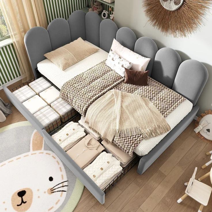EINHOM Polsterbett Einzelbett mit Schubladen Stauraumbett Samt Daybett Tagesbett Schlafsofa 90 x 200 cm mit Lattenrost Jugendbett und Erwachsene Kinderbett, Grau (Ohne Matratze) – Bild 5