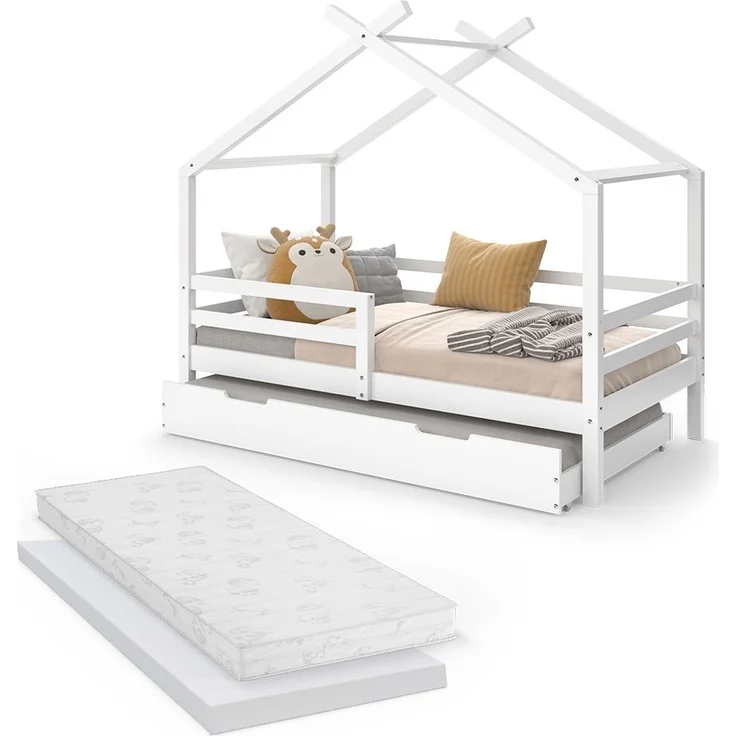 Hausbett Luni Weiß 160 x 80 cm mit ausziehbarem Gästebett und Matratzen Vitalispa – Bild 6