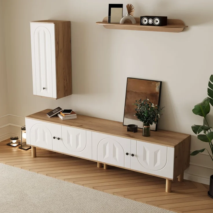 Wohnwand, 3-tlg, best, aus: Highboard, Schränke, Wandboard, Weiße und hölzerne, geschnitzte Türpaneele.--Weiß+Natur--110.01x45.09x17.68cm--YOUDENOVA – Bild 10