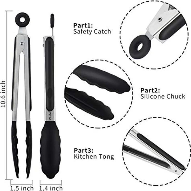 iNeibo Grillzange Küchenzange Zange Küche aus Rostfreim Edelstahl und Silikon Fleischzange Kochzange mit Hitzebeständigem Silikongriff 2er Set 30cm und 23cm Schwarz – Bild 5