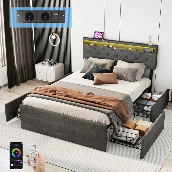 oyajia Polsterbett LED Doppelbett 140x200cm mit Ladefunktion und 4 Schubladen Polsterbett (Modernes Jugendbett, Leises Design Bett, Max. Belastbarkeit 365 kg), 140x200 cm, ausziehbare Bettkästen, LED-Licht, gepolstertes Kopfteil – Bild 1