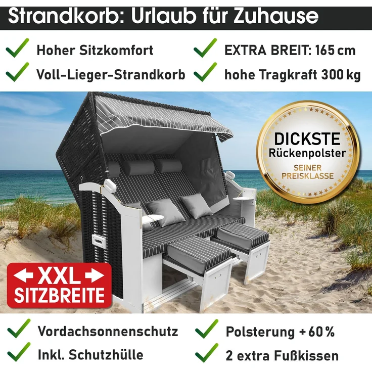 'Brast' 3-Sitzer Strandkorb gestreift XXL inkl. Schutzhülle, Poly-Rattan anthrazit/grau, 160 cm – Bild 7
