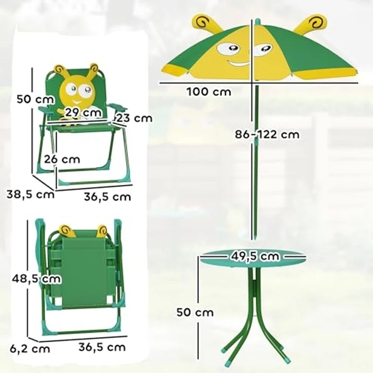 AIYAPLAY Garten-Kindersitzgruppe mit höhenverstellbarem Sonnenschirm, (Gartentisch, 2 Klappstühle, 4-tlg, Garten Kindersitzgarnitur), Bienen-Muster für 2-5 Jahre Kinder, Grün – Bild 7