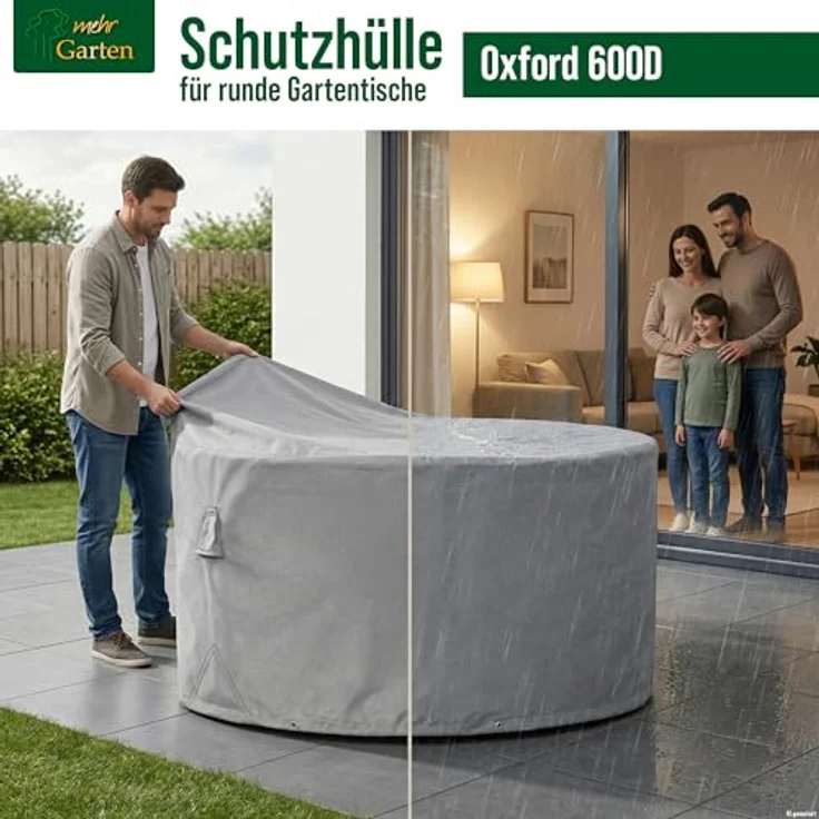 Mehr Garten Abdeckung Gartentisch rund, Ø110x71 cm, grau, wasserdichtes Oxford 600D Gewebe, UV-beständig und wetterfest – Bild 2