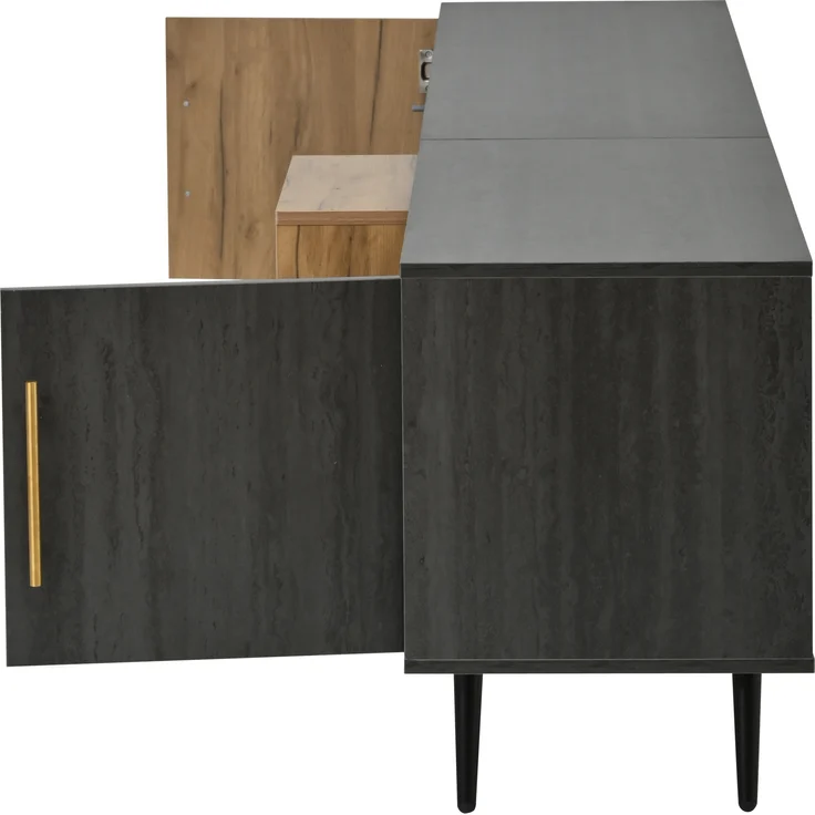 TV-Schrank Lowboard aus MDF mit Klappglasfront & Kabelmanagement, für bis zu 90 Zoll, 200x40x55,5 cm, Grau – Bild 5