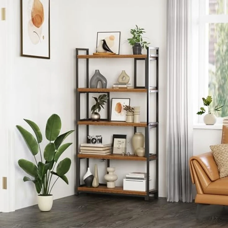 Mondeer Bücherregal Eckregal, Aufbewahrungsregal, 5-stufiges, Breite von 80-146cm verstellbar, Retro-Braun – Bild 6