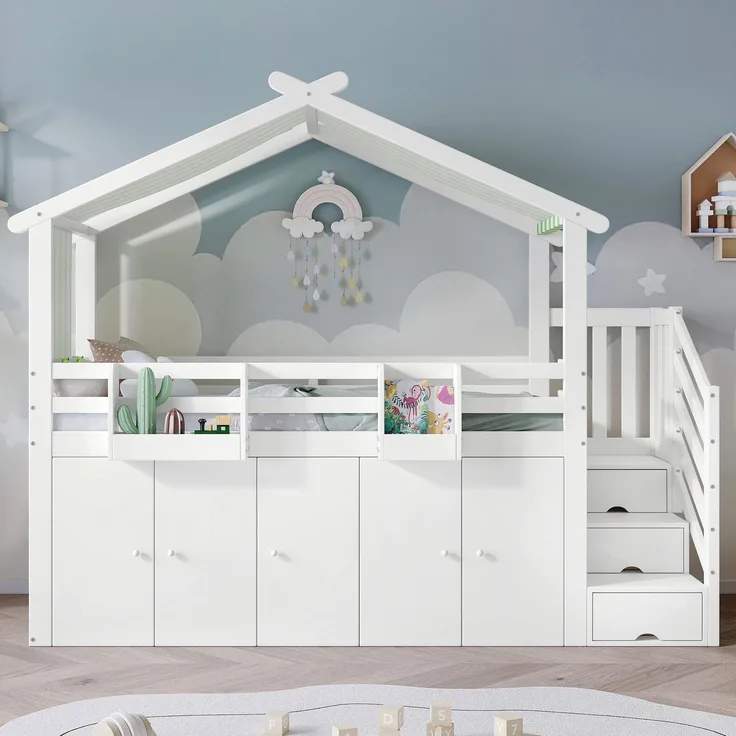 Hochbett mit Lattenrost, Kleiderschrank, Regal und Treppe, 90x200 cm, Hausbett, Kinderbett mit Rausfallschutz, Kiefer