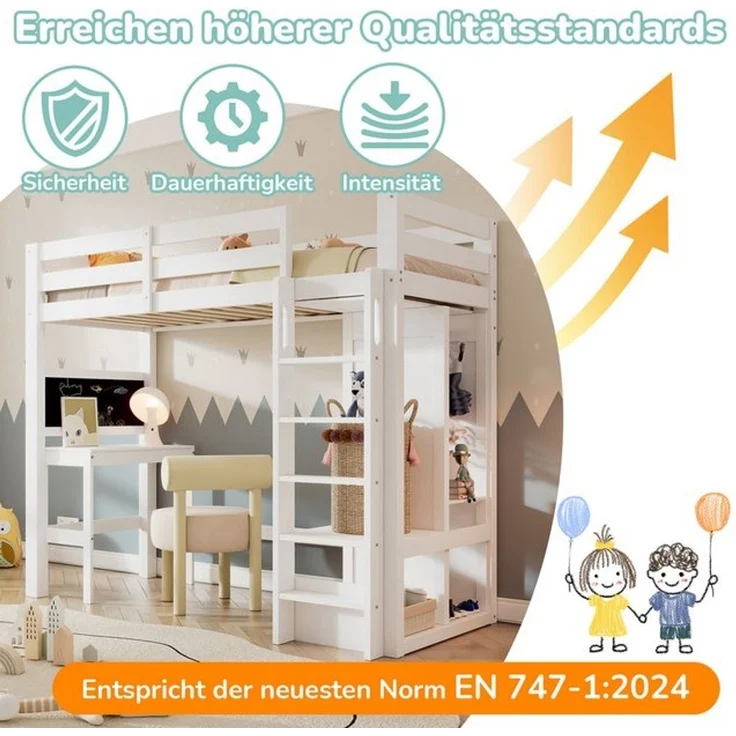 Odikalo Hochbett 90x200 Kinderbett mit Schreibtisch und Stauraum (mit Schreibtisch Offener Kleiderschrank und Regalen Kinderbett mit Lattenrost und Rausfallschutz Einzelbett Liegefläche 90x200cm, Weiß(ohne Matratze) – Bild 4